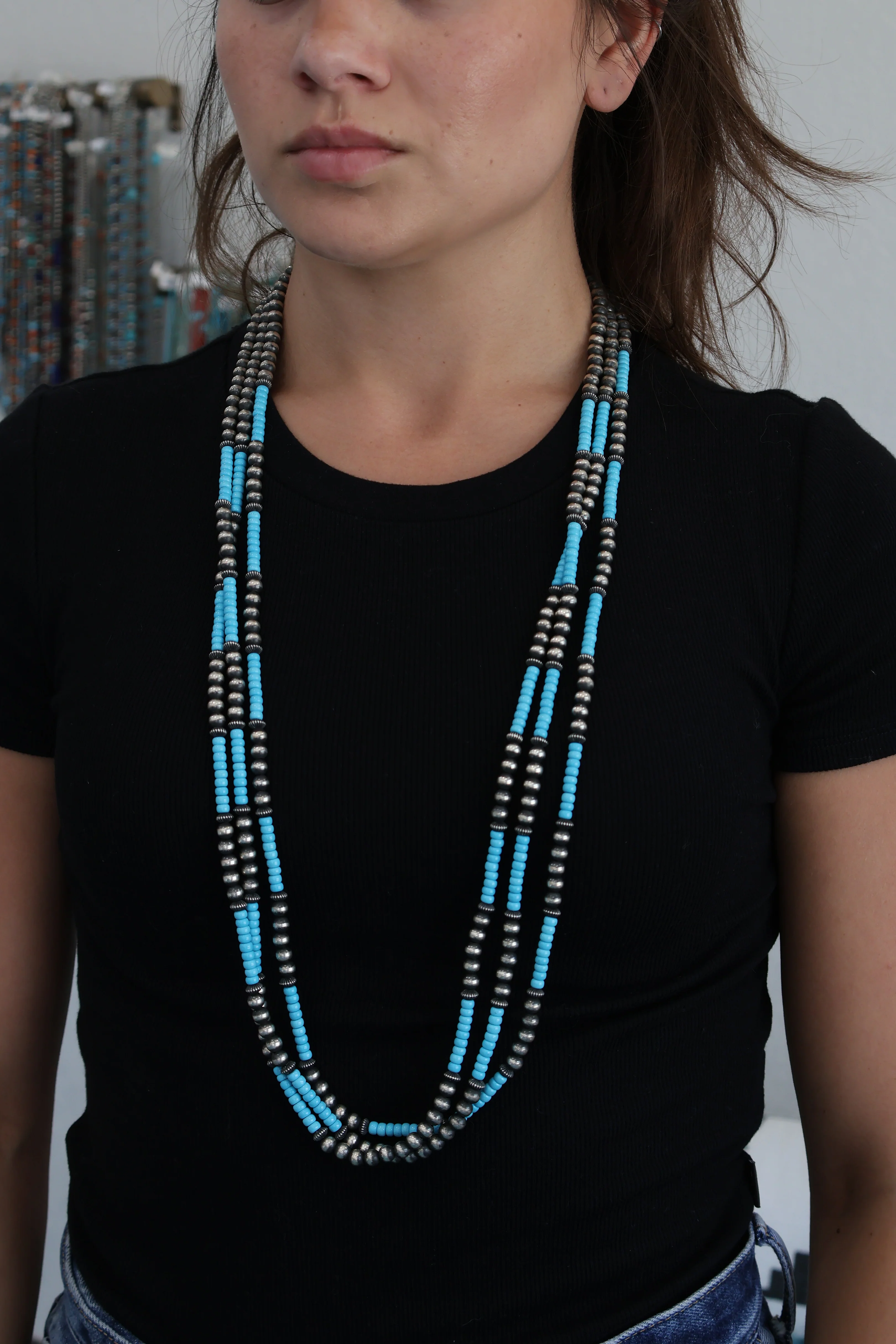 3 Strand Navajo Pearls - Turquoise 36” - Image 2