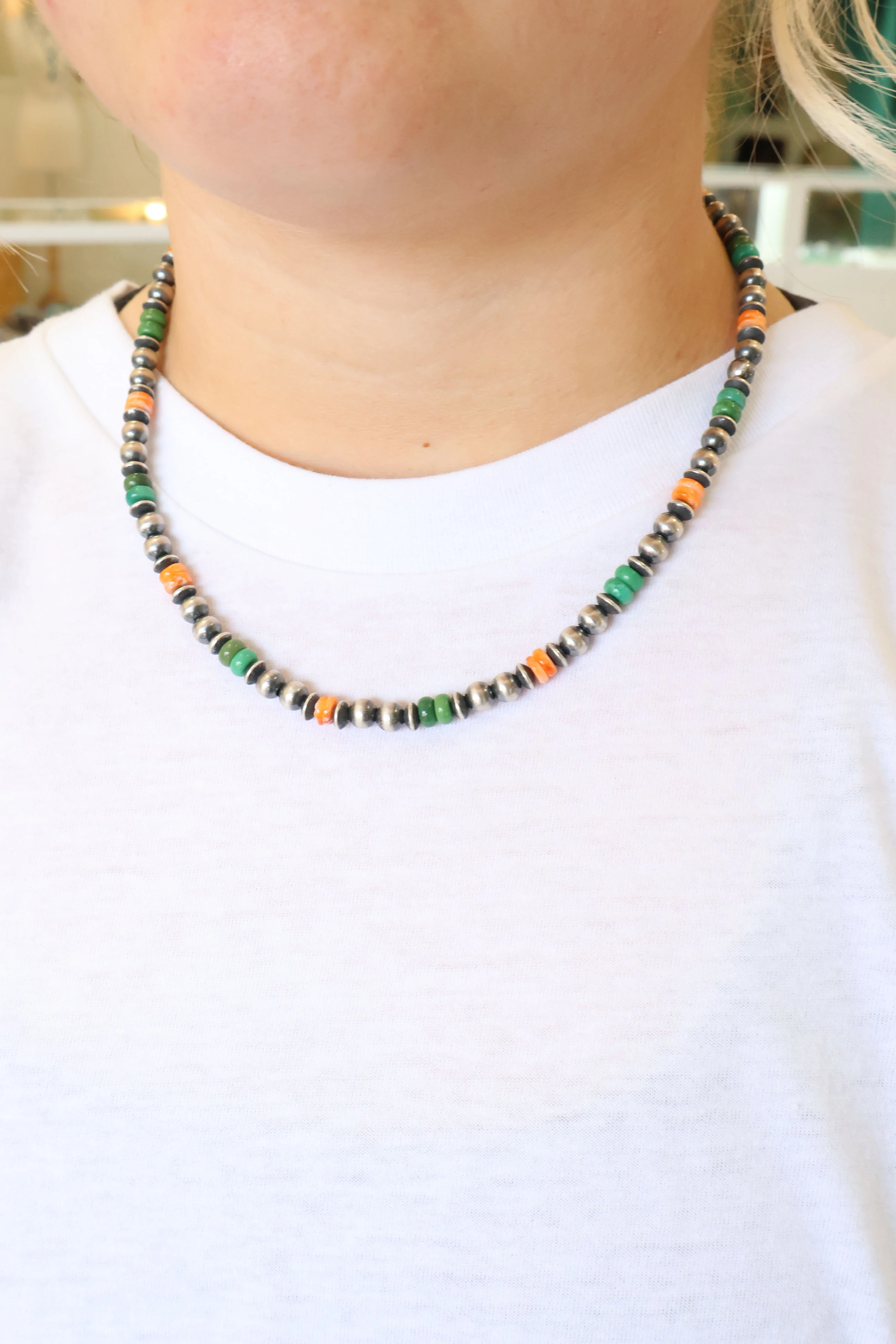 6mm Navajo Pearls - Orange Spiny Oyster/Green Turquoise - Image 2