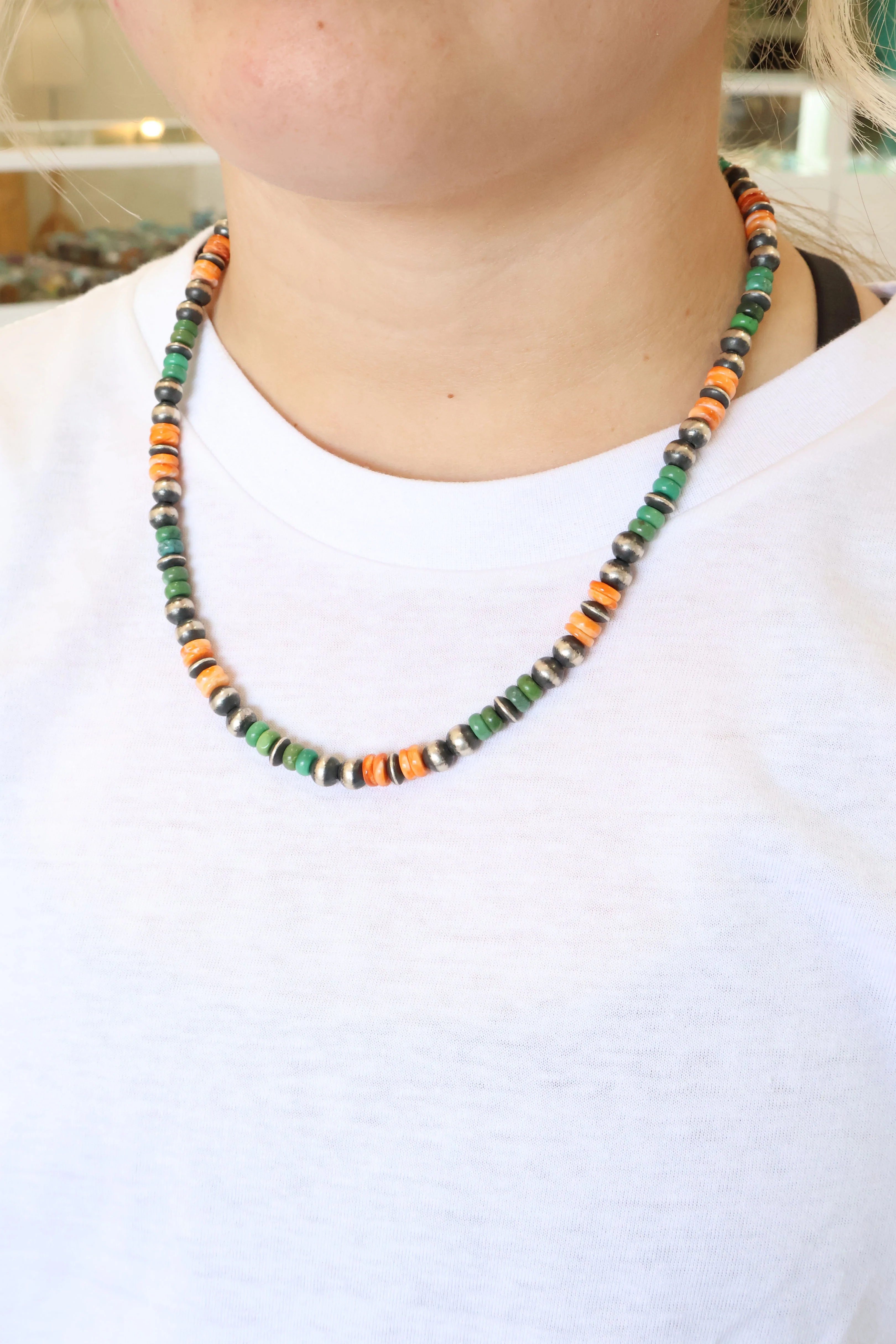 8mm Navajo Pearls - Orange Spiny Oyster/Green Turquoise - Image 2